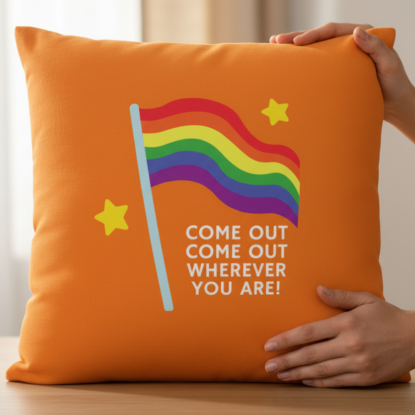 Orange cushion featuring a rainbow pride flag, two yellow stars, and “COME OUT COME OUT WHEREVER YOU ARE!” held by two hands.