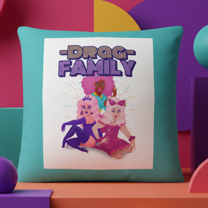 Drag Family Pillow with three drag queens in bright wigs and outfits under bold "Drag Family" art deco text on a fun geometric background.