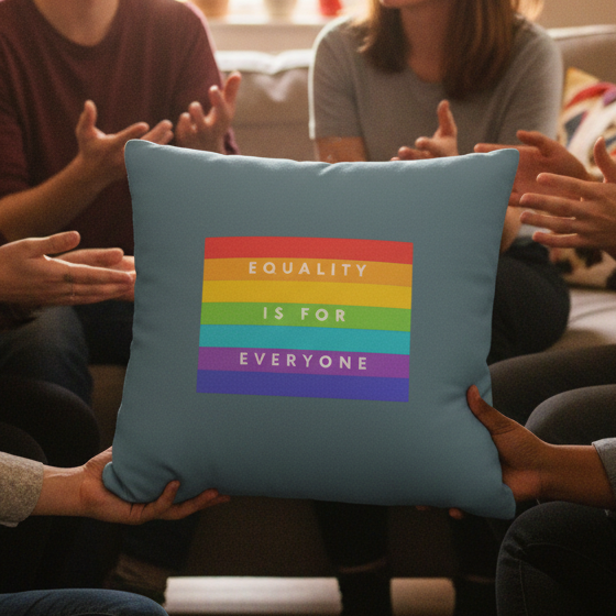 Four people sit in a circle; one holds a pillow with bold rainbow stripes and “EQUALITY IS FOR EVERYONE” in a cozy queer space.