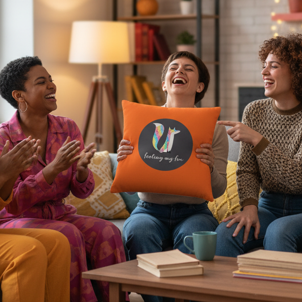 Three women laugh on a sofa; the center holds an orange Feeling My Fox Pillow with a fox logo and “feeling my fur” text.