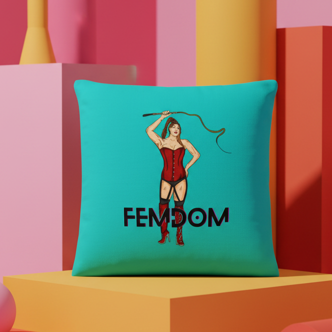 Femdom Pillow with turquoise background, a woman in red corset holding a whip, bold “FEMDOM” text, pink and yellow accents.