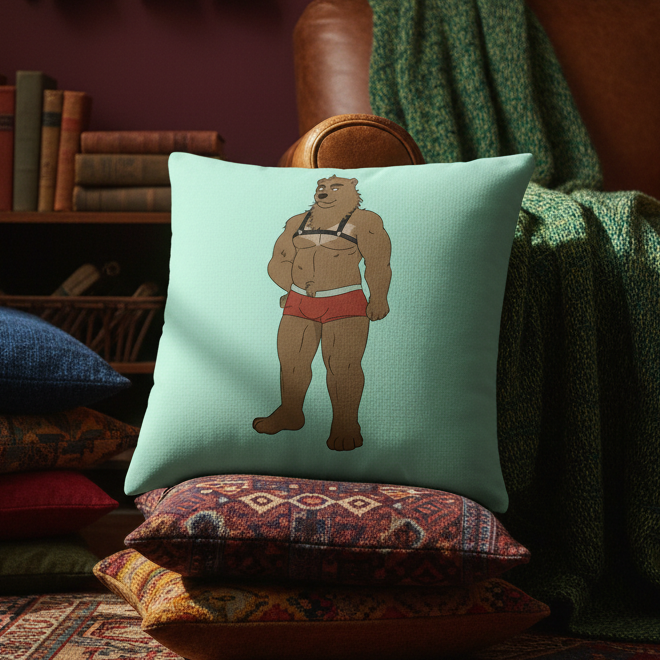 Gay Bear Pillow with a mint green cover, showing a muscular bear in red briefs and black harness—playful queer pride decor.