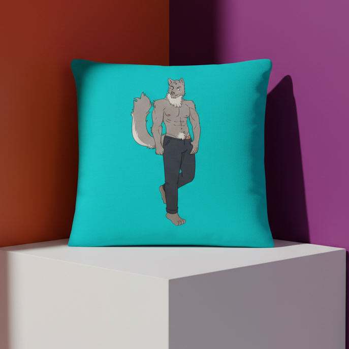 Turquoise pillow with a shirtless, muscular anthro wolf in dark pants, upright. Shown on white platform; orange, purple walls behind.