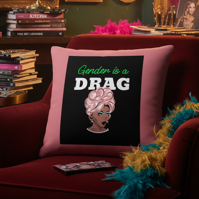 Pink "Gender Is A Drag" pillow with drag queen art on a red armchair, surrounded by colorful boas and books in a queer, cozy space.