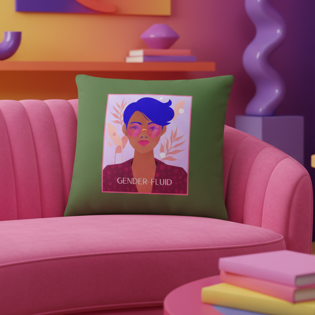 Gender-fluid Pillow with green background, illustrated person—short blue hair, glasses, dark shirt—and "GENDER-FLUID" below.