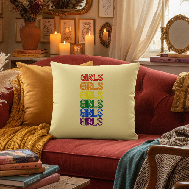 Red couch with yellow, gold, and rainbow "Girls Girls Girls" pillows; lit candles, framed art, plants, and books on the table.