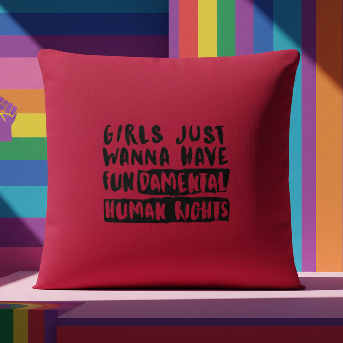 Red pillow with black text reading "Girls Just Wanna Have FUNdamental Human Rights," “FUNdamental” highlighted, rainbow geometric accents.