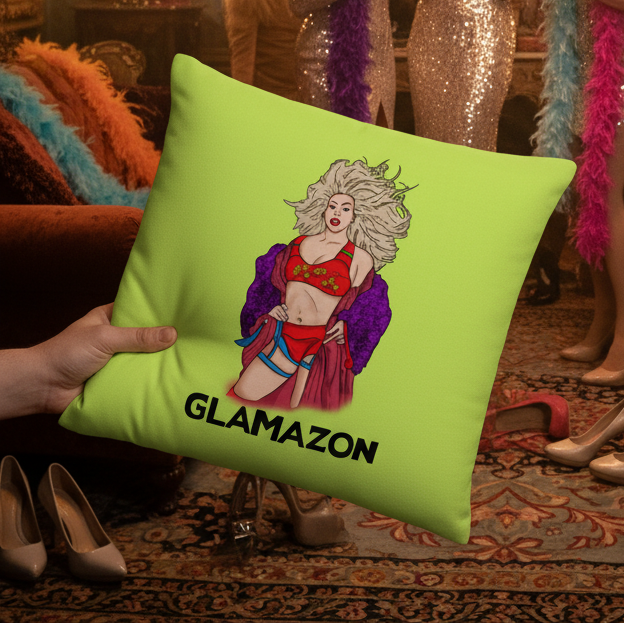 Vibrant green Glamazon Pillow held in hand, with a drag queen in red lingerie, purple robe, and “GLAMAZON” above glam decor.