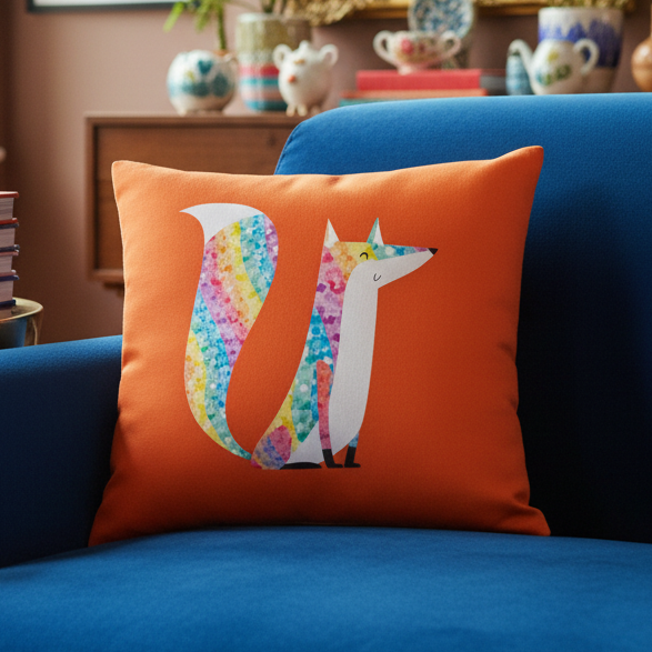 Glitter Fox Pillow in orange fabric with a rainbow-tailed fox adds queer flair to a blue armchair. Teapots, cups, and plants on shelves.