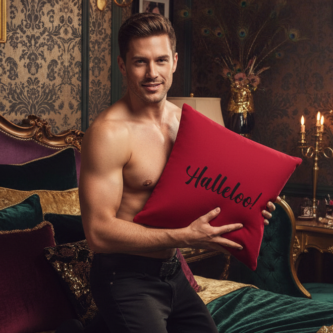 Shirtless man with short brown hair on a luxe bed holds the "Halleloo! Pillow" amid velvet pillows, gold accents, candelabra.