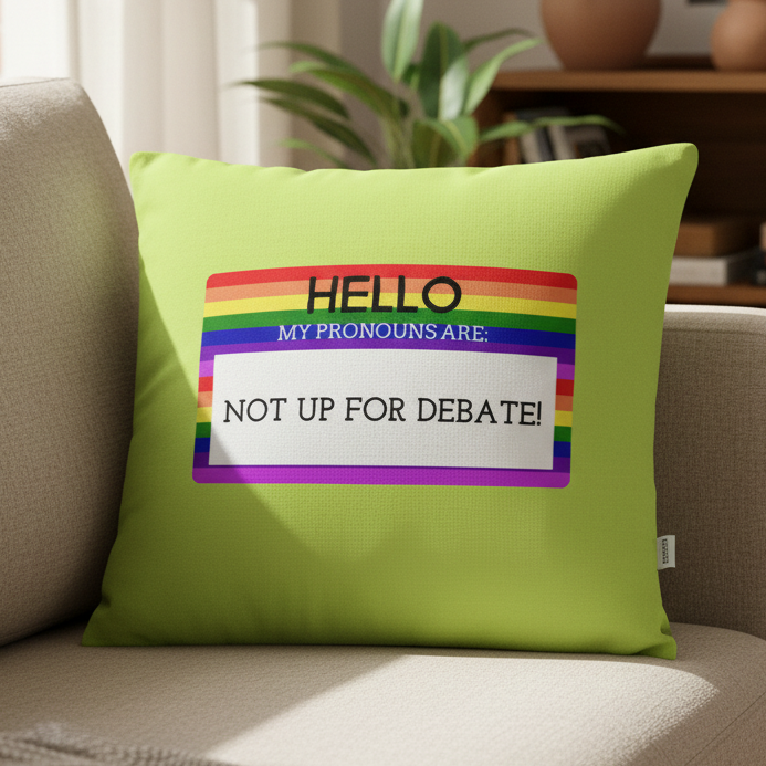 Vibrant green "Hello My Pronouns Are Not Up For Debate" pillow with rainbow-bordered tag on beige couch; cozy queer home scene.
