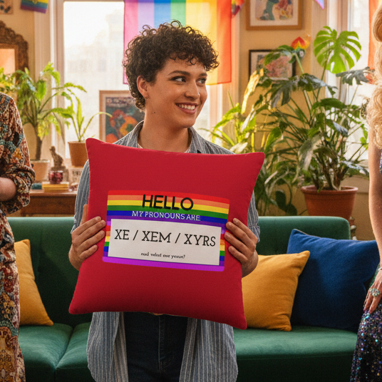 A person with short curly hair smiles, holding a "Hello My Pronouns Are Xe / Xem / Xyrs" pillow in a colorful, queer living room with pride flags and friends.