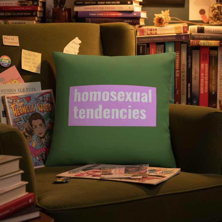 The Homosexual Tendencies Pillow features bold white and pink text on green, adding cozy LGBTQ+ flair to queer reading nooks.