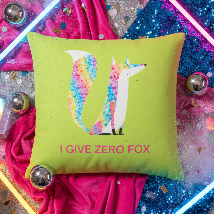 Glitter pillow with a colorful fox and “I GIVE ZERO FOX” in pink on lime green, set on bright pink fabric with neon accents; queer decor.