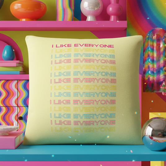 I Like Everyone" pillow with pink, yellow, and orange letters on a colorful shelf among rainbow decor, vases, and books.