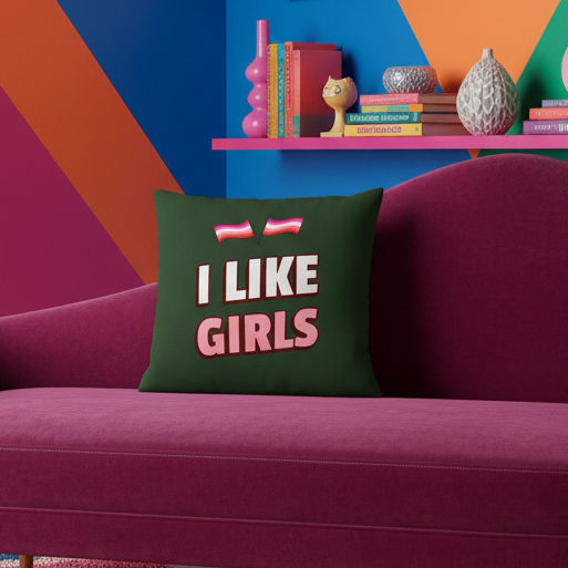Dark green "I Like Girls" pillow with two pink-striped flags on a magenta sofa; geometric wall art, books, and vases behind.