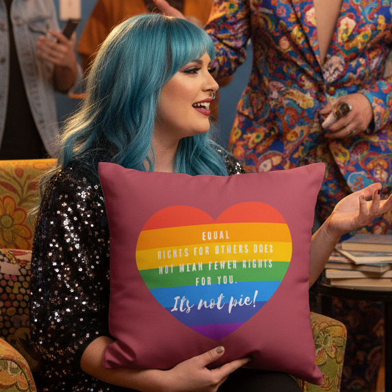A person with long blue hair and bold makeup holds the It’s Not Pie Pillow, a cushion with a rainbow heart and “Equal rights for others does not mean fewer rights for you. It’s not pie!” More colorful people stand behind.