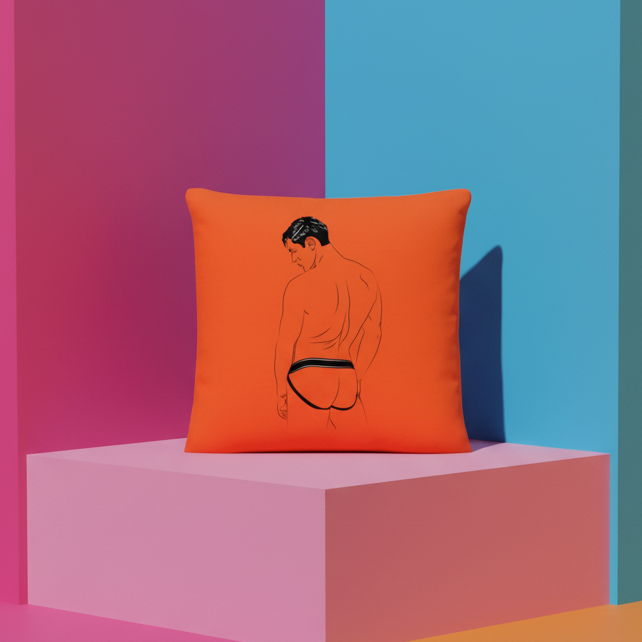 Orange Jockstrap Pillow with minimalist line art of a shirtless man in briefs, set on a geometric pedestal and bold blue, pink, and purple blocks—vibrant queer decor.