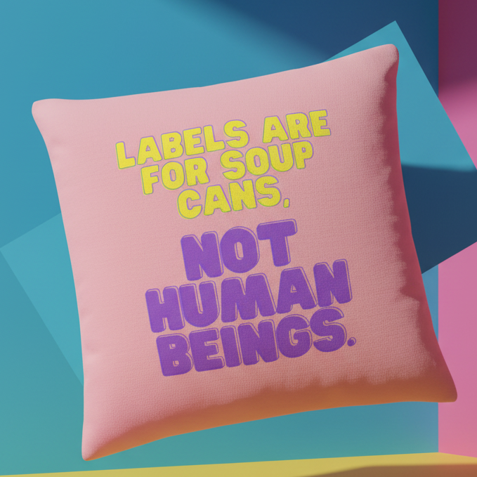 Pink pillow with “Labels are for soup cans, not human beings” in yellow and purple on bold blue, pink, and yellow shapes.