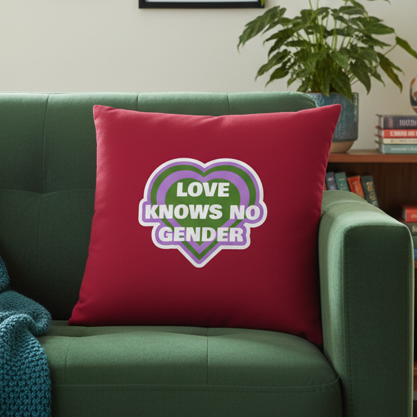 LOVE KNOWS NO GENDER" pillow with layered green, white, and purple heart, on a green couch beside a plant and books stack.
