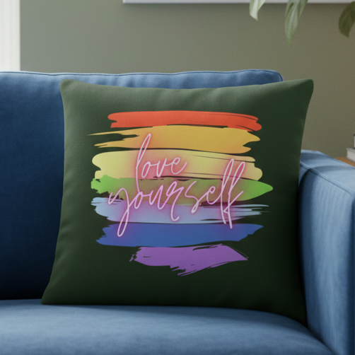 Dark green “love yourself” pillow with pink script and rainbow paint streaks on blue couch; queer decor with green leaves, white wall.