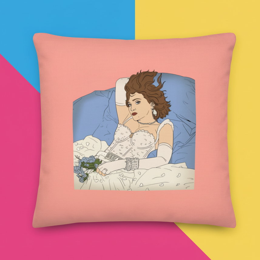 Premium pink pillow with illustrated woman in wedding dress, brown hair, gloves, choker, on blue bedding—queer home accent.