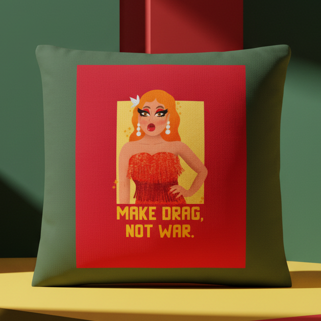 Bold green pillow showing a drag queen with orange hair, dramatic makeup, red sequin dress, and "MAKE DRAG, NOT WAR" slogan.