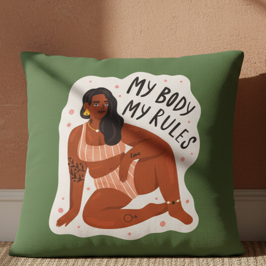 “My BODY MY RULES” pillow featuring a bold slogan, curvy woman in striped swimsuit, bright colors, and LGBT-positive symbols.