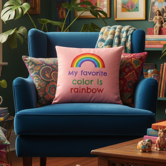 Blue armchair with "My Favorite Colour Is Rainbow Pillow," bright cushions, plants, art, a crocheted blanket, and books for queer decor.
