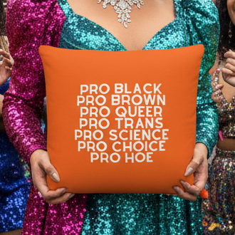 A person in a sparkly blue and green dress holds the Pro Hoe Pillow, featuring bold white text: PRO BLACK, PRO BROWN, PRO QUEER, PRO TRANS, PRO SCIENCE, PRO CHOICE, and PRO HOE.