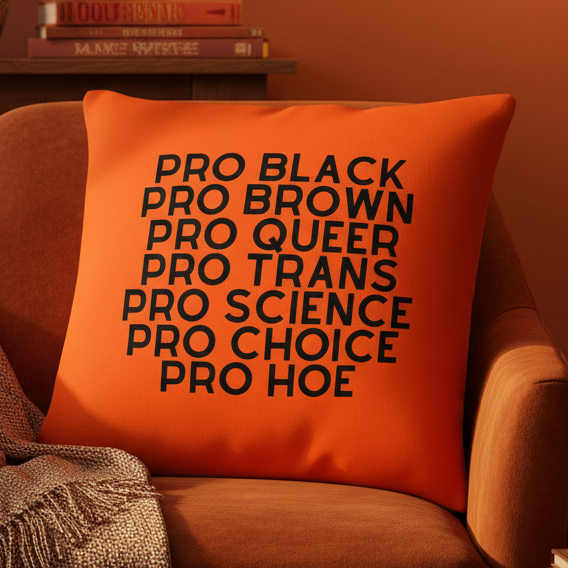 Pro Hoe" pillow with bold black text on orange fabric rests on an armchair, cozy queer decor framed by warm lights and books.