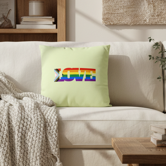 Progress LGBT Love Pillow with “LOVE” in rainbow and trans flag colors on beige sofa, textured throw, and earthy queer decor.