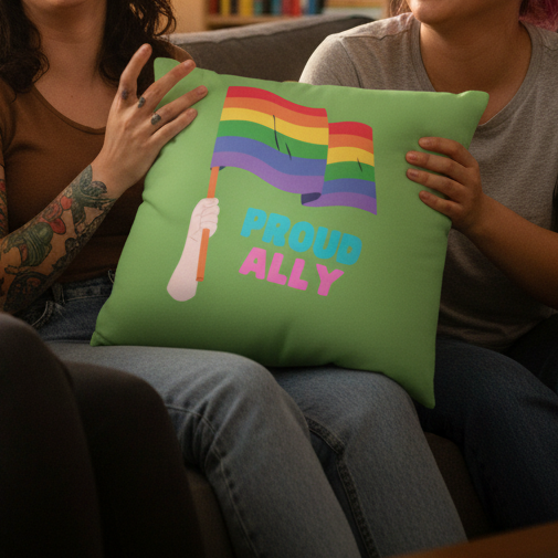 Two people sit on a couch holding the Proud Ally Pillow, showing a hand with a rainbow flag and blue and pink “PROUD ALLY” text.