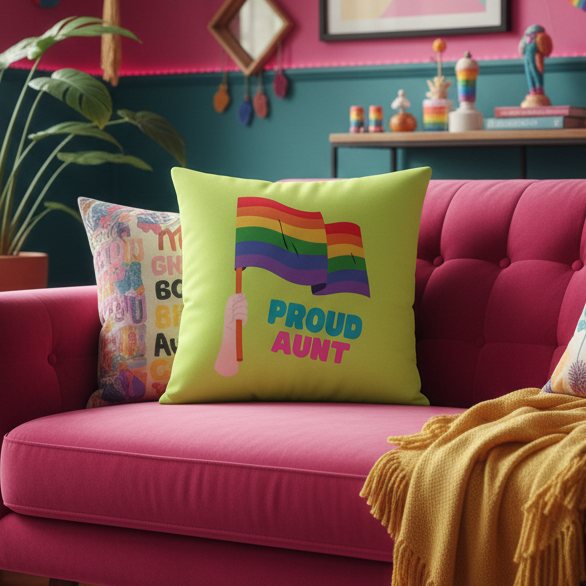 Pink couch with "Proud Aunt Pillow," showing a hand holding a rainbow Pride flag and “PROUD AUNT.” Rainbow decor, LGBTQ+ inclusive.