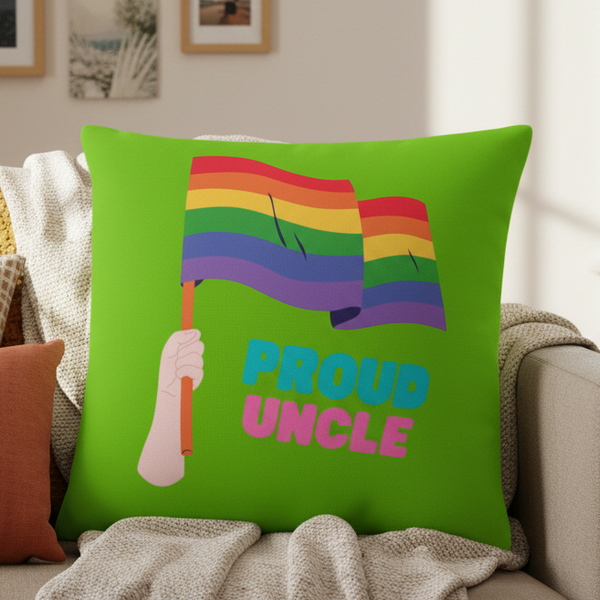 Proud Uncle Pillow" with hand and rainbow pride flag, bold blue and pink “PROUD UNCLE” text on beige sofa, cozy queer decor.