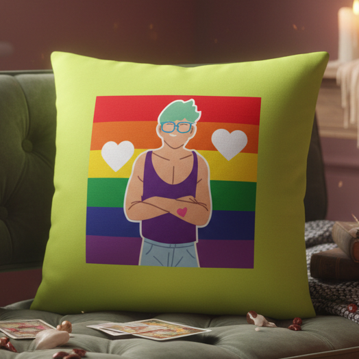 Queer Love Pillow with green background, teal-haired person in glasses before rainbow pride flag with white hearts, tarot cards, and candles.