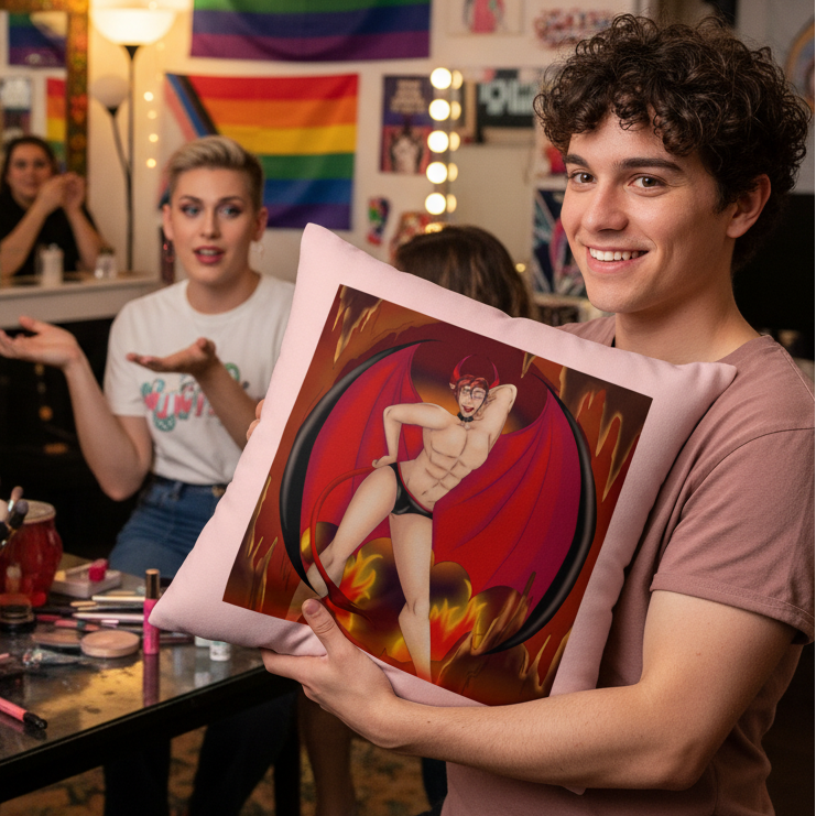 A smiling young man holds “The Demon Of Homosexuality Pillow” with a cartoon devil; behind him, queer decor and pride flags.