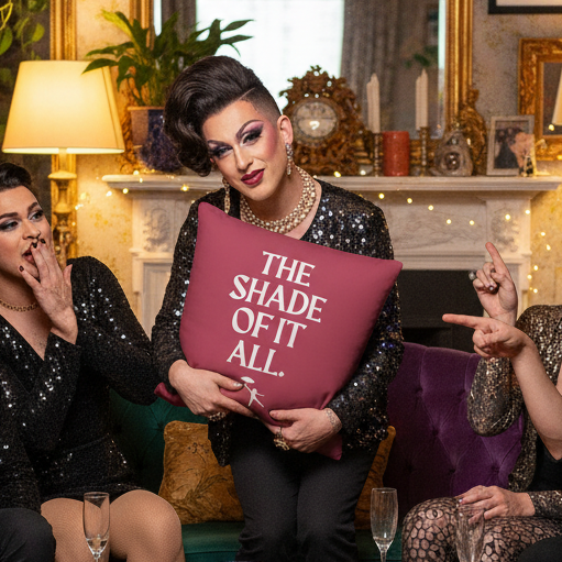 Three drag queens relax on a glam couch; the center queen smiles, holding a pillow that reads "The Shade Of It All," framed by queer home decor.