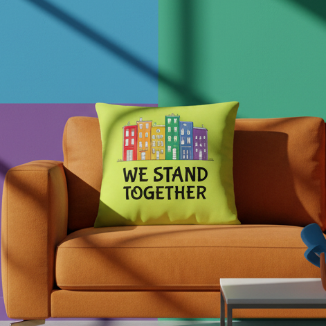 Lime-green “WE STAND TOGETHER” pillow with colorful buildings on an orange sofa