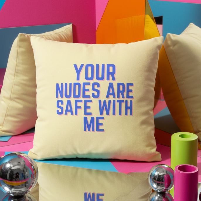 Yellow "Your Nudes Are Safe With Me" pillow with bold blue and pink text, styled with pastel pillows and mirrored geometric decor.