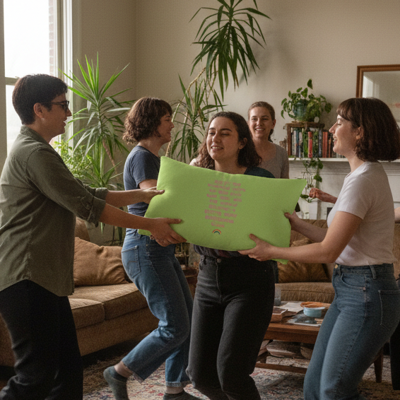 Five people smile in a bright, plant-filled room, holding the “Every Time Someone Steps Up” pillow—queer, joyful home decor.