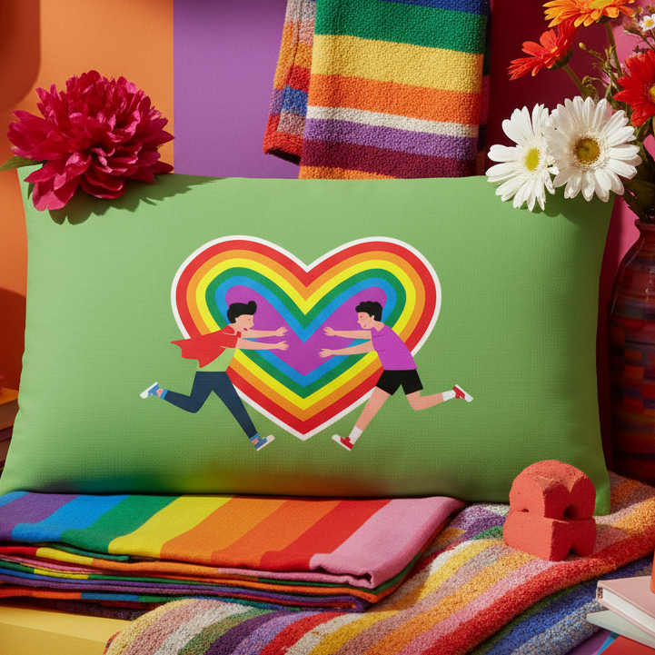 Gay Couple Pillow with green background, two cartoon kids reaching for a rainbow heart, rainbow towels, flowers, and red heart.