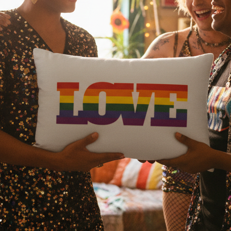 Three people in sparkly outfits hold a white Gay Love Pillow displaying "LOVE" in rainbow colors, in a bright, cozy queer space.