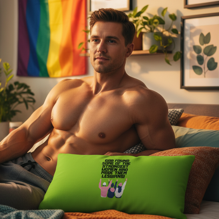 A shirtless man with short hair sits on a bed holding a pillow that reads, “God found some of the strongest women and made them lesbians,” in a cozy room with a rainbow pride flag and framed plant prints.