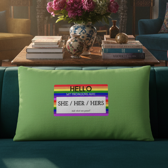 Hello My Pronouns Are She / Her / Hers" pillow with a rainbow-bordered name tag design on a teal sofa, LGBT color accent.
