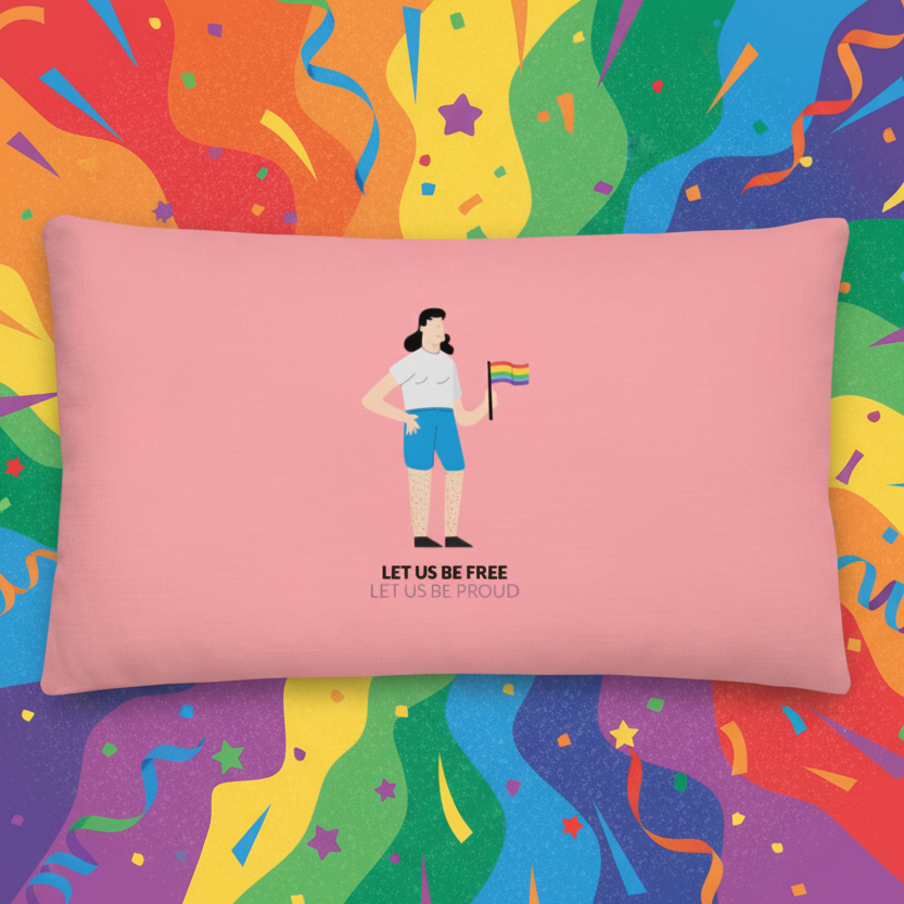 Premium pink pillow with a woman holding a rainbow pride flag, “LET US BE FREE, LET US BE PROUD,” and colorful streamers.