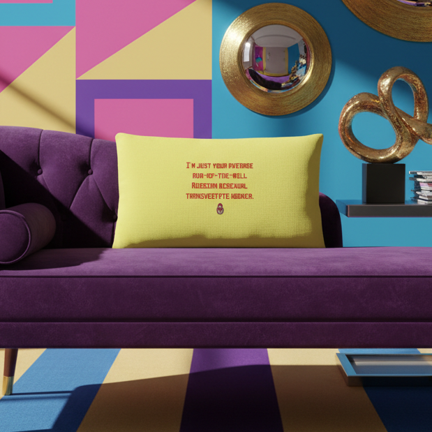 Yellow rectangular pillow with red text on a purple sofa in a colorful geometric room