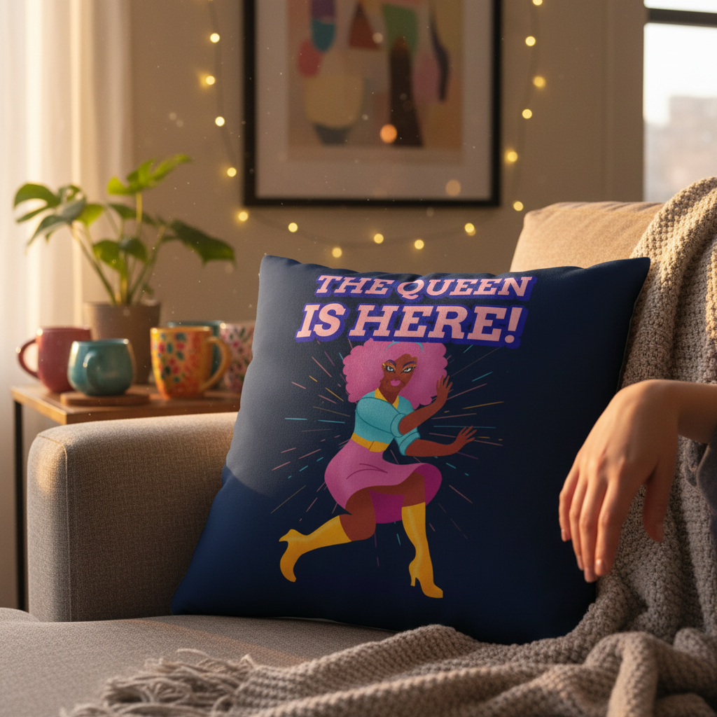The Queen Is Here" Premium Pillow on a cozy couch shows a queer woman with pink hair dancing under “THE QUEEN IS HERE!”.