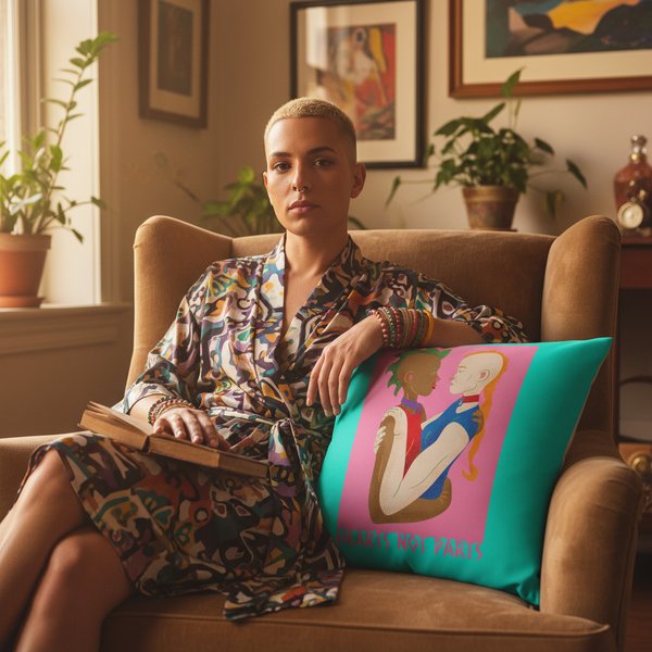 In a warmly lit room with plants and queer decor, a blond person reads in an armchair beside a 