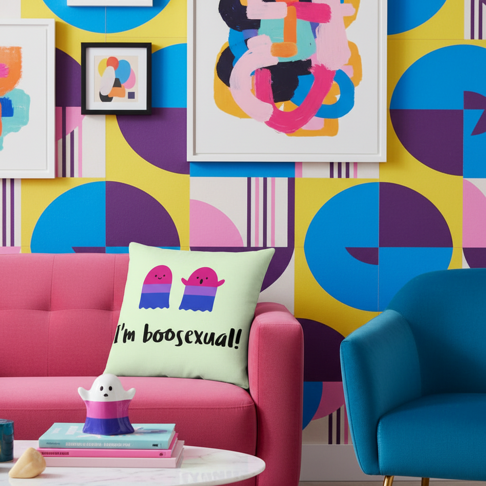 Pink sofa with the "I'm Boosexual Premium Pillow" in LGBT pride colors, abstract art, and a ghost figurine as queer decor.